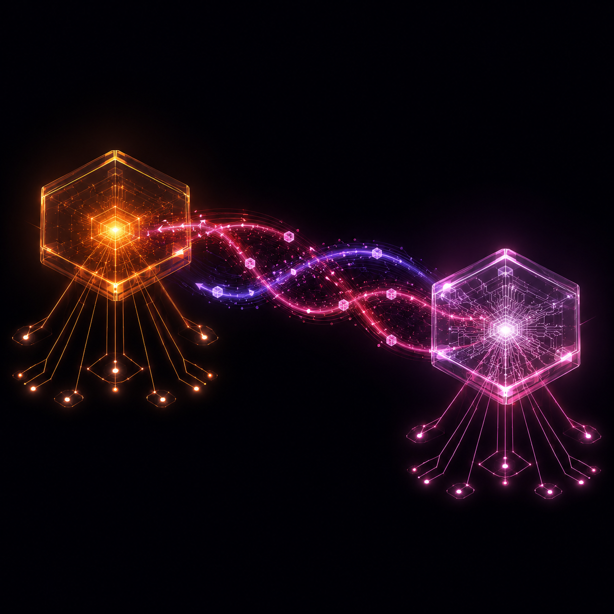 Two luminous hex nodes exchanging a braided stream — Claude orchestrating, Codex implementing, each fanning out to agents