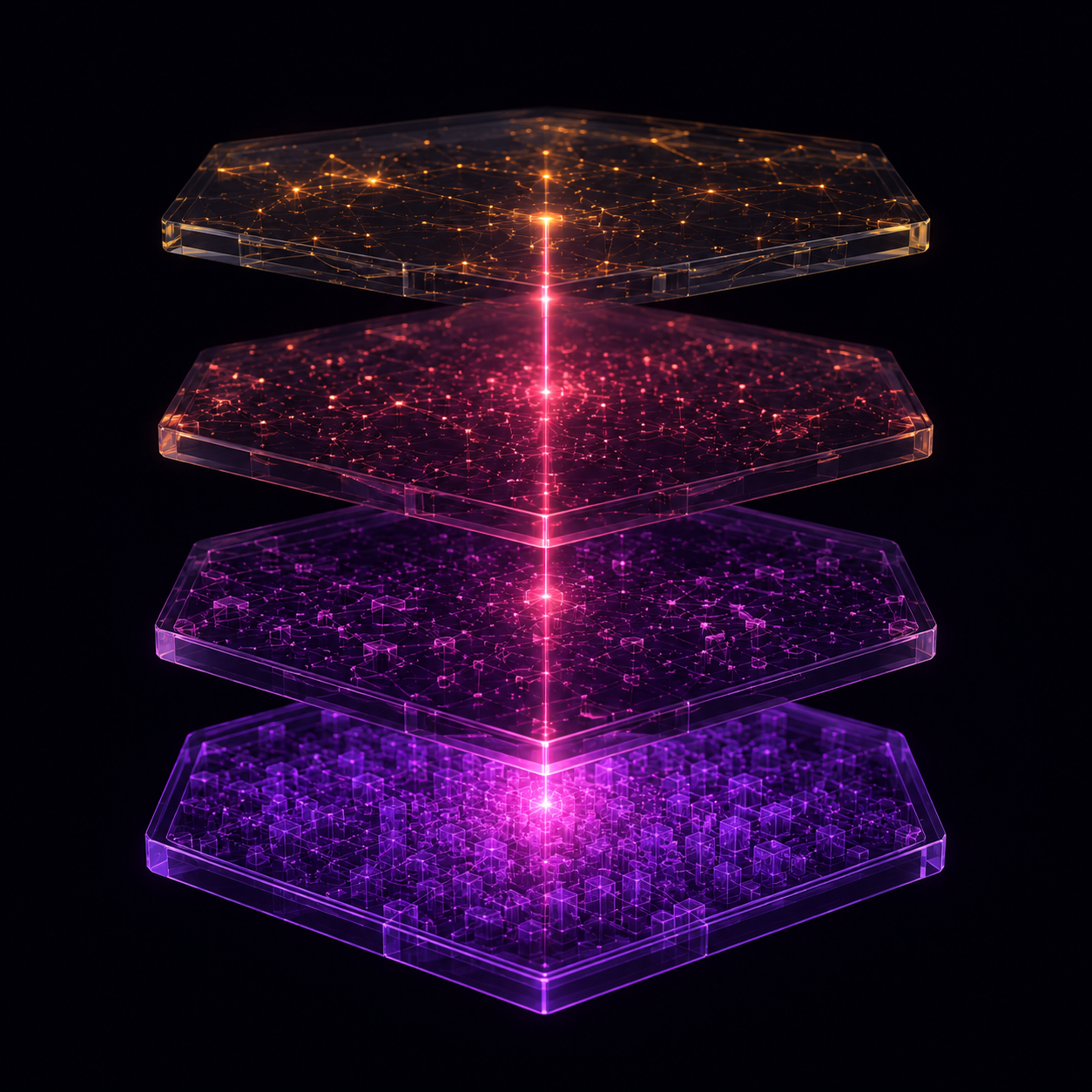 Four translucent hexagonal memory layers stacked in depth — L0 session to L3 semantic index — joined by a rising signal thread