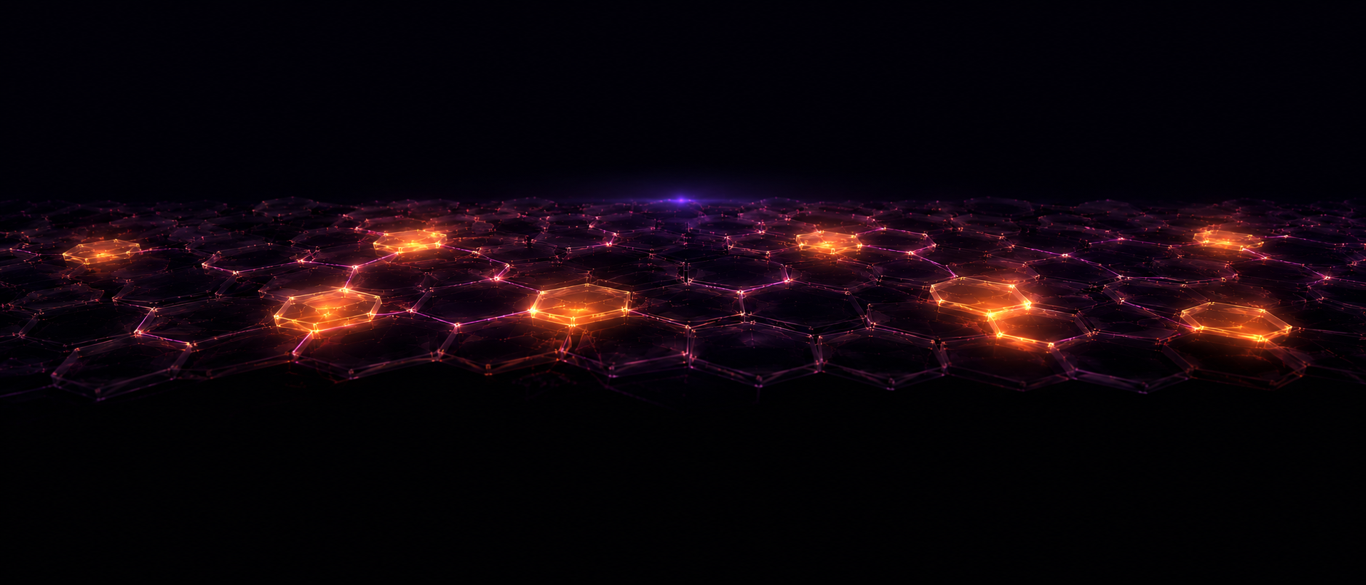A hive of specialist agents — a honeycomb lattice with cells lit amber as work flows between them